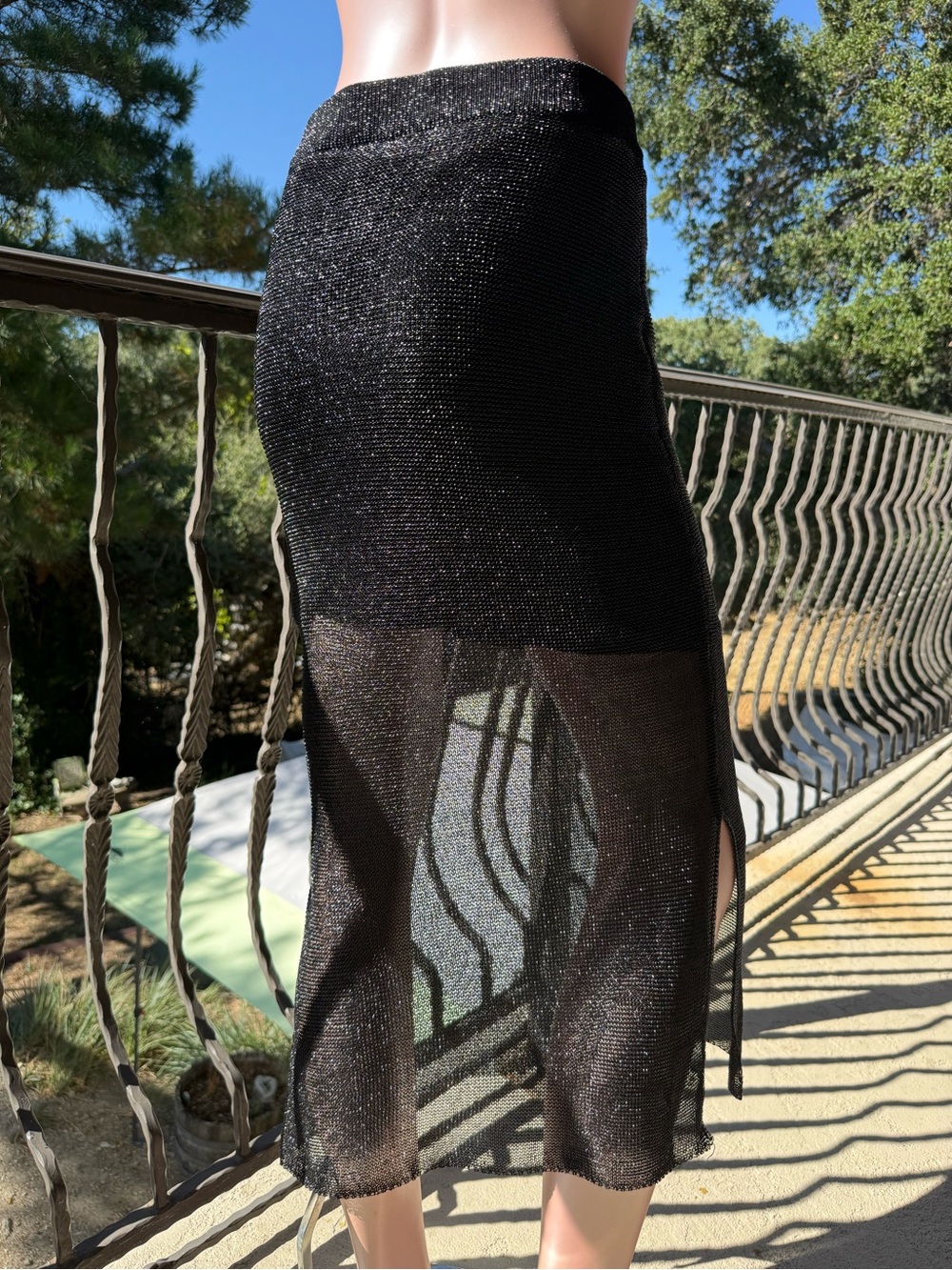 Miou Muse Skirt Black shiny Knitted open weave over mini sheer layers Fits S/M‎